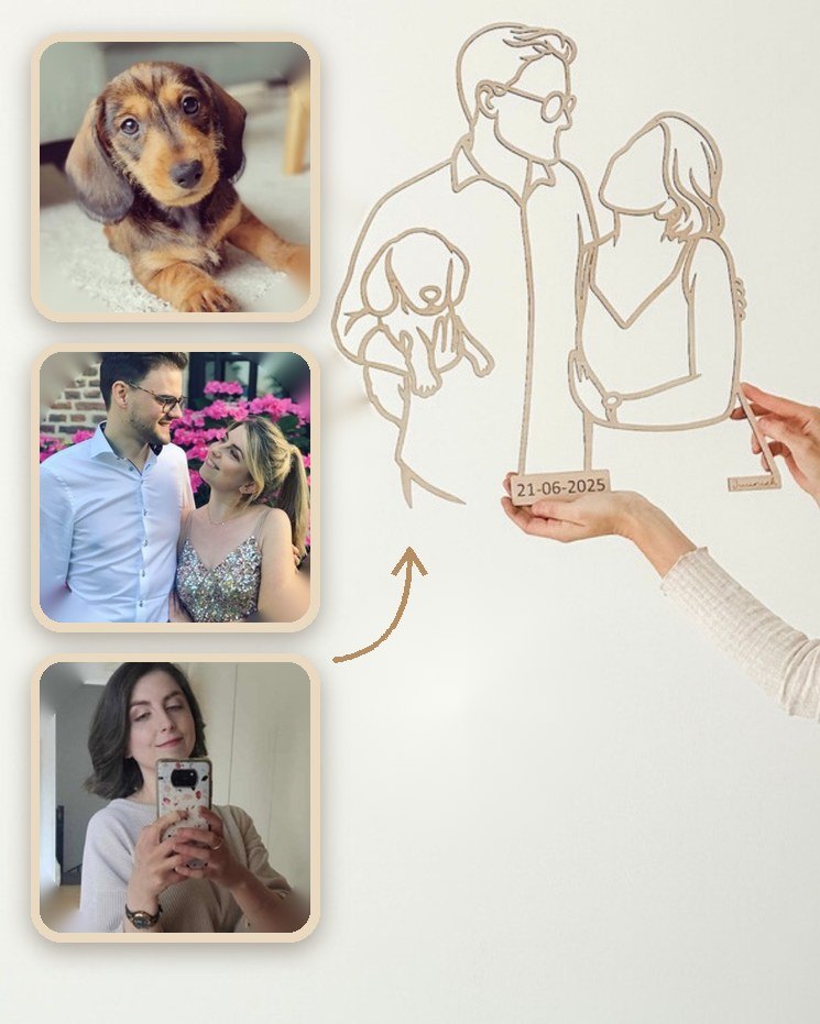 Houten lijnportret van een koppel met hun hond, samengevoegd uit drie foto's