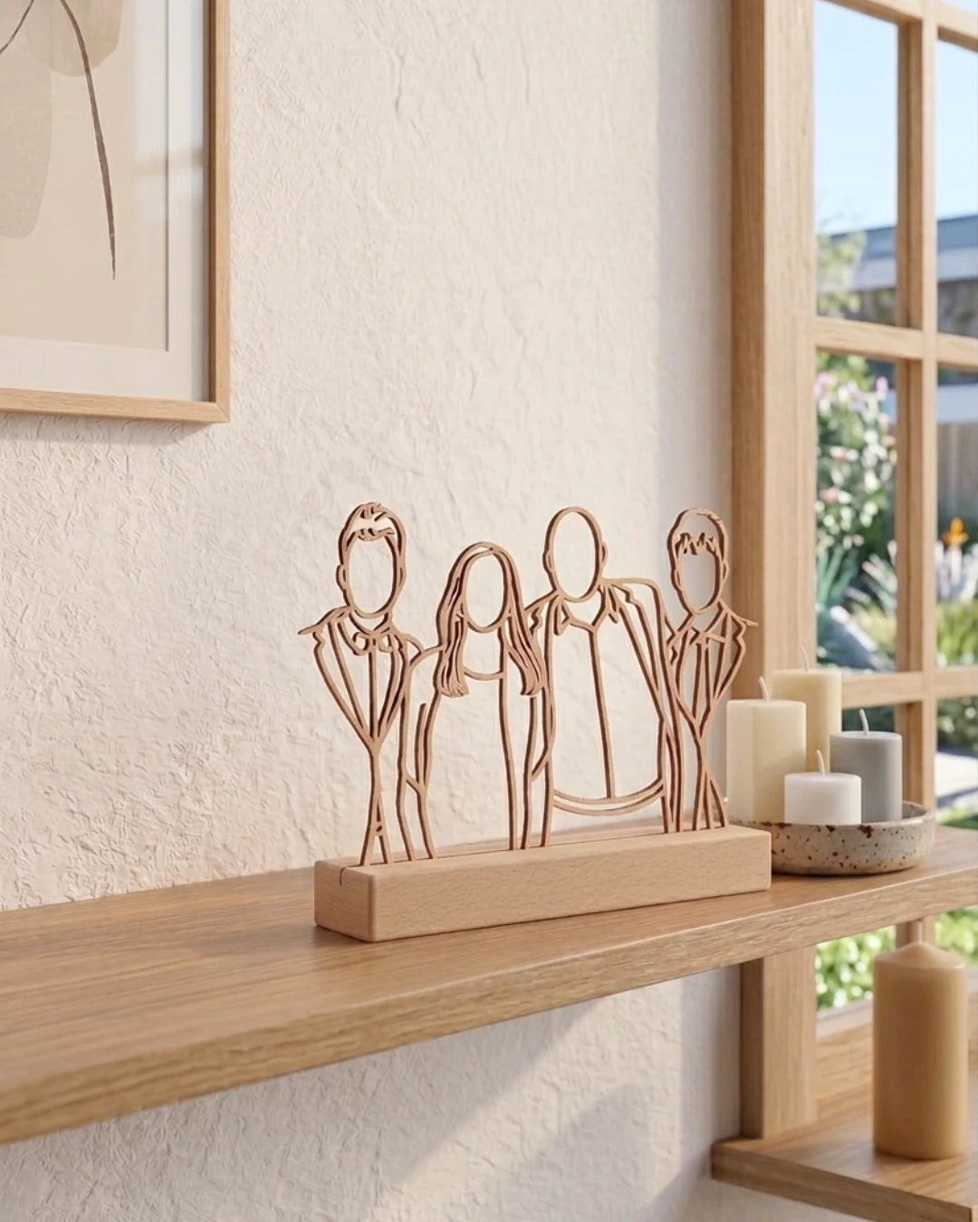 Houten lijnportret op staander van een gezin, met iemand die er niet meer bij is
