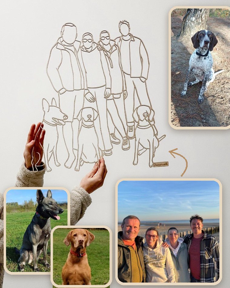 Houten lijnportret van vier vrienden met hun honden, samengevoegd uit vier foto's